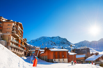 Winter ski resort in Alps. Val Thorens village, 3 Valleys ski resort, France. Beautiful mountains...