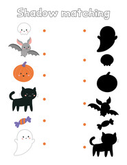Shadow matching game. Educational worksheet for preschool children. Cartoon Halloween cartoon characters: skull, pumpkin, bat, cat and ghost.
