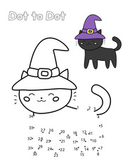 Dot to dot game. Educational worksheet for preschool kids. Learn numbers. Cute black cat with witch hat. Coloring book. Halloween theme.