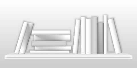 White mockup of books on bookshelf. Realistic blank paperback volumes on shelf, standing in row and lying on stack. Vector 3d illustration