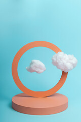 Blue and orange podium with cloud on pastel background. Concept scene stage showcase, for product, promotion, sale, banner, presentation, cosmetic and fashion. Minimal showcase mock up concept.
