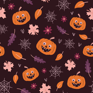 Smiling Halloween Pumpkins Vector Seamless Pattern