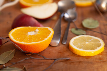 Fruits slices on a wooden table