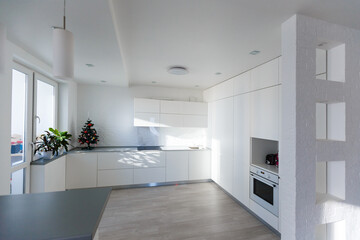 Fototapeta na wymiar Interior light grey kitchen christmas decor. Preparing lunch at home on the kitchen concept