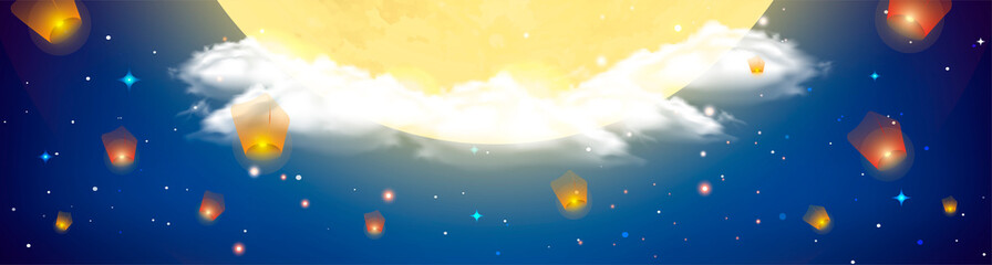 Mid Autumn Festival. Background stars and galaxies. Banner with Moonlight and burning lanterns in the Night Sky and place for text.  illustration for card, poster, invitation. China, Hong Kong.