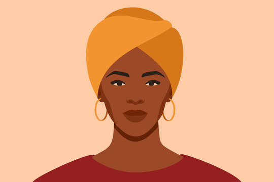 Black girl is wearing a yellow turban. Self-confident young woman with brown skin in traditional headdress portrait front view. Vector illustration. African female with a scarf on her head.