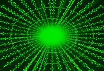 Digital binary data tunnel and binary code streaming on the black background.