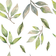 Watercolor illustration. Seamless watercolor design on a white background in the style of greenery. Pattern for background, print, fabric.