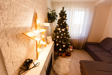 Christmas interior panorama, Christmas tree in the apartment