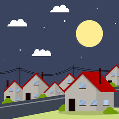 Cartoon flat illustration - city suburbs. Town cityscape with group of houses with red roofs. sky and clouds. night view.