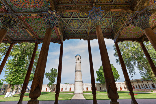 Wooden pillars and minaret of the Jami Mosque known also as Juma Mosque, in Kokand, Uzbekistan.