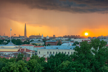 View of St. Isaac's Cathedral, Saint Petersburg city, Russia. Storm clouds on the horizon, beautiful cityscape in a thunder