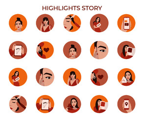 Set of instagram icons for stories, covers for Instagram highlights. Round elements and icons with woman for you blog.