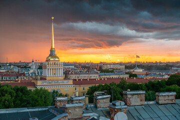 Saint Petersburg, Russia. Storm clouds on the horizon, beautiful cityscape in a thunderstorm at sunset. View of the Admiralty and the city - 377209354