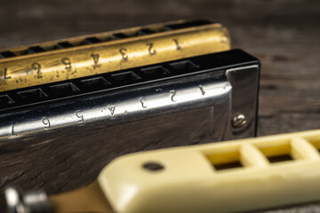 musical instruments vintage harmonics diatonic and chromatic on old wooden desk. world music day