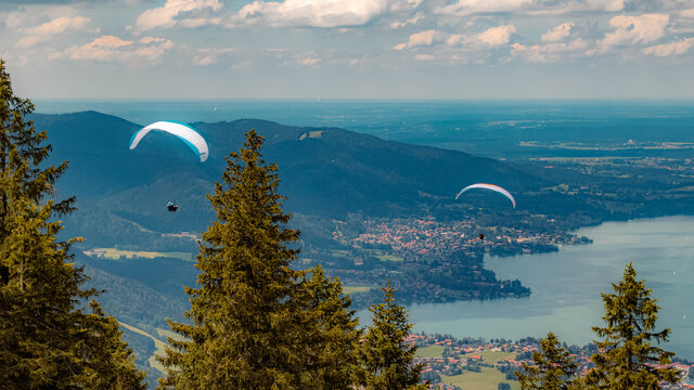 Paragliders at the famous Wallberg summit, Tegernsee, Bavaria, Germany