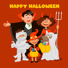 Happy family, parents with children and a dog dressed in costumes for Halloween. Vampire, imp, mummy, witch and ghost. Trick or Treat. Vector cartoon illustration