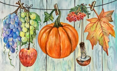 Watercolor autumn decoration: pumpkin, grapes, apple, mushroom, leaf, rowan. Concept of thanksgiving day or Halloween. Design element. 