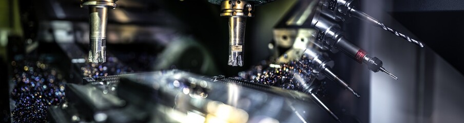 Industrie - CNC Fräser bearbeitet einen Metall Block aus einer Edelstahl Legierung