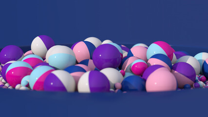 Colorful balls morphing. Blue background. Close-up. Abstract illustration, 3d render.