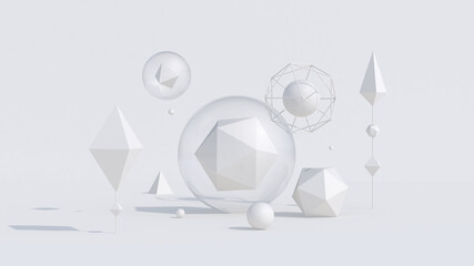 White geometric shapes in glass spheres. Monochrome abstract illustration, 3d render.