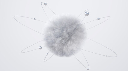 Gray fluffy sphere and metallic balls. Abstract illustration, 3d render.