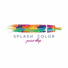 Brush with colorful paint stroke logo template. Abstract paint. Paint shop logo. Splash color logo. Art shop. Print service logo idea.