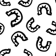 Black ink horseshoes isolated on white background. Monochrome seamless pattern. Vector flat graphic hand drawn illustration. Texture.