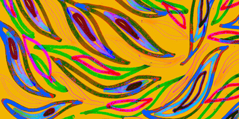 Obraz premium Green Flower Artwork. Pink Tropical Drawing.