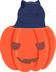 Cute smiling cat sits in a pumpkin isolated on white background vector flat cartoon illustration. Orange pumpkin with cut eyes and mouth. Halloween party, holiday vibes. Warm autumn mood. Vector.