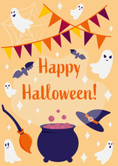 Lettering Happy Halloween. Witch's cauldron with steam, bats, ghosts, cobwebs, broom, a witch hat, stars, holiday ribbons. Vector flat cartoon illustration. Halloween night party, holiday vibes.