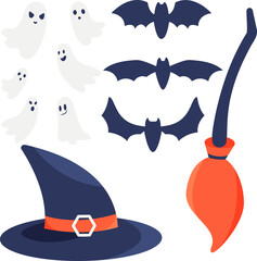 A witch hat with buckle, bats, ghosts, witch's broom set isolated on white background. Wizard hat with ribbon and buckle. Accessory for Halloween party, holiday vibes. Vector cartoon flat illustration