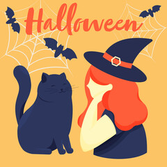 Lettering Halloween, Cute smiling cat with a witch and bats, cobwebs. Pet with a woman in a witch hat, vector flat cartoon illustration. Halloween night party, holiday vibes. Warm autumn mood.