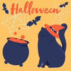 Lettering Halloween, Cute smiling cat  in a witch hat, witch's cauldron, bats, cobwebs. Orange pumpkin with cut eyes and mouth. Halloween night party, holiday vibes. Vector cartoon flat illustration