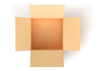 mock up brown paper box, empty open box isolated on white background. Vector illustration.