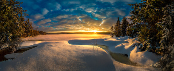 amazing winter landscape at sunrise and sunset