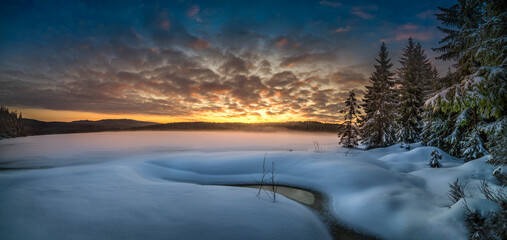 amazing winter landscape at sunrise and sunset