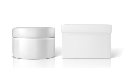 Cosmetic jar with packaging box mockup isolated on white background. Vector illustration