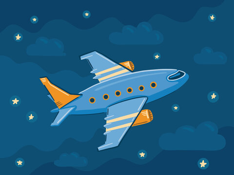 Illustration of an airplane flying in the night sky among the clouds and stars. Cute simple style.