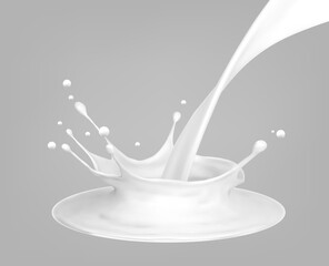 Milk splash and pouring, white splatter on grey background, Realistic healthy drink yogurt or cream motion. Vector illustration.
