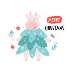Merry Christmas illustration, poster with cute cow dressed in fir costume