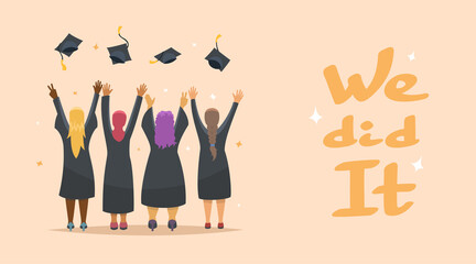 Graduation Congratulations. Four happy graduate girls, vector illustration