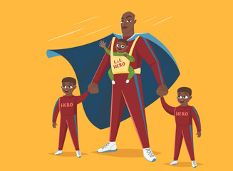 Super Dad. Dad with his three children plays in superheroes, vector illustration