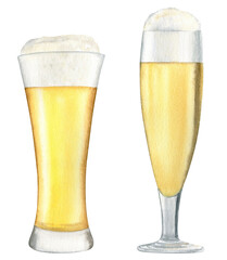 Watercolor light craft beer glass (mug, pint) illustration. Hand drawn alcohol drink isolated on white background.	
