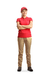 Female worker in a red t-shirt