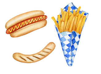 Watercolor german traditional oktoberfest food (hot dog, sausage, fried potatoes) illustration. Hand drawn elements isolated on white background. 