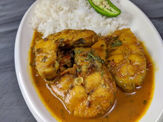 A platter of North Indian style Fish curry with Rice