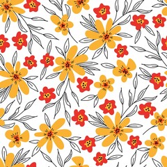 Pattern, seamless flat background with yellow and red flowers and contour leaves. Hand drawn botanical pattern in doodle style.