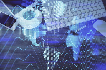 Double exposure of forex chart hologram over desktop with phone. Top view. Mobile trade platform concept.