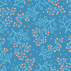 Vector seamless pattern with hand drawn branches with berries. Beautiful design for wallpaper, fabric, textile, wrapping paper